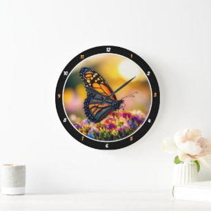 Reloj Redondo Grande Amanecer Jardín" - Mariposa vibrante y floral