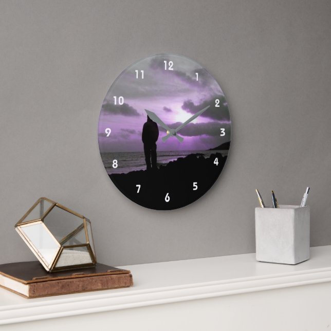 Reloj Redondo Grande Amanecer morado y silueta (Oficina)