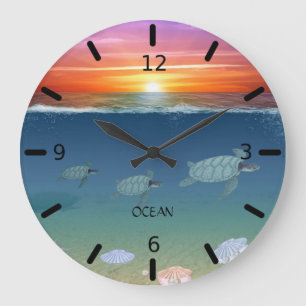 Reloj Redondo Grande Amanecer oceánico, tortugas marinas y perlas