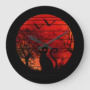 RELOJ REDONDO GRANDE AMANTE DE GATOS NEGROS LUNA ROJA NOCHE GATO