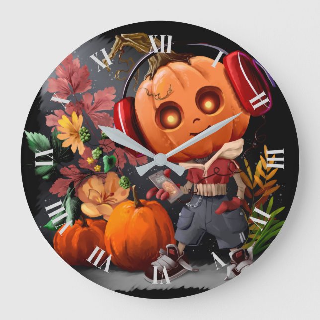 Reloj Redondo Grande Amante de la música de calabaza Halloween (Anverso)
