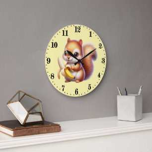 Reloj Redondo Grande Amantes de ardilla linda plátano 