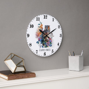 Reloj Redondo Grande Amantes de búho lindo añaden texto