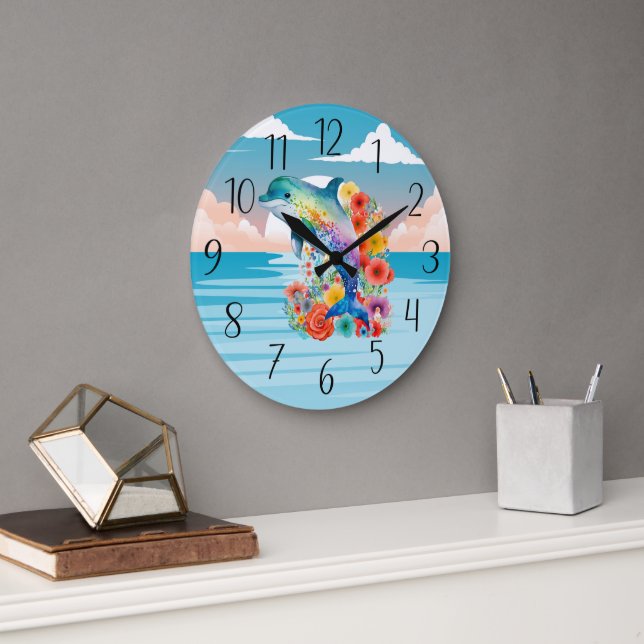Reloj Redondo Grande amantes de delfines de playa lindos (Oficina)