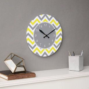 Reloj Redondo Grande Amarillo, Gris Dk Whm Gran Patrón ZigZag Chevron