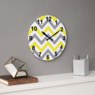 Reloj Redondo Grande Amarillo, Gris Oscuro Blanco Patrón de Chevron Gra