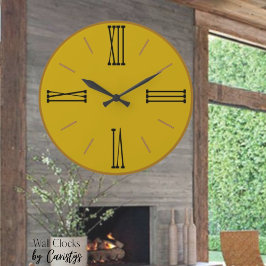 Reloj Redondo Grande Amarillo mostaza moderno con guarnición de oro