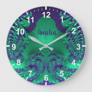 Reloj Redondo Grande AMELIA ~ ¡WOW! Patrón fractal verde y púrpura ~