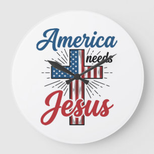 Reloj Redondo Grande America Necesita Jesús Diseño de Camiseta de Cruz 
