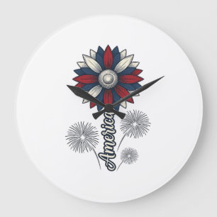 Reloj Redondo Grande América Patriótica Flor Fuegos Artificiales Diseño