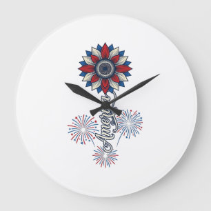 Reloj Redondo Grande América Patriótica Flores Fuegos Artificiales Dise