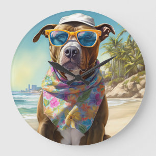 Reloj Redondo Grande American Staffordshire en la playa, regalo de vera