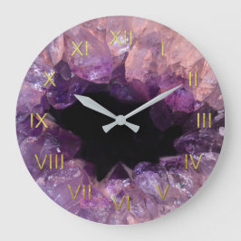Reloj Redondo Grande Amethyst Geode Depiction Wall Clock Gold Numerals
