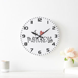 Reloj Redondo Grande Amo a los monos Tipografía manuscrita linda