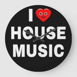 RELOJ REDONDO GRANDE AMO LA MÚSICA HOUSE FUENTES BLANCAS FONDO NEGRO