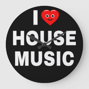 RELOJ REDONDO GRANDE AMO LA MÚSICA HOUSE FUENTES BLANCAS FONDO NEGRO