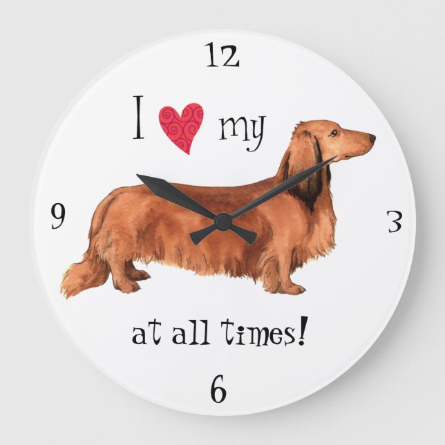 Reloj Redondo Grande Amo mi Dachshund de pelo largo (Anverso)