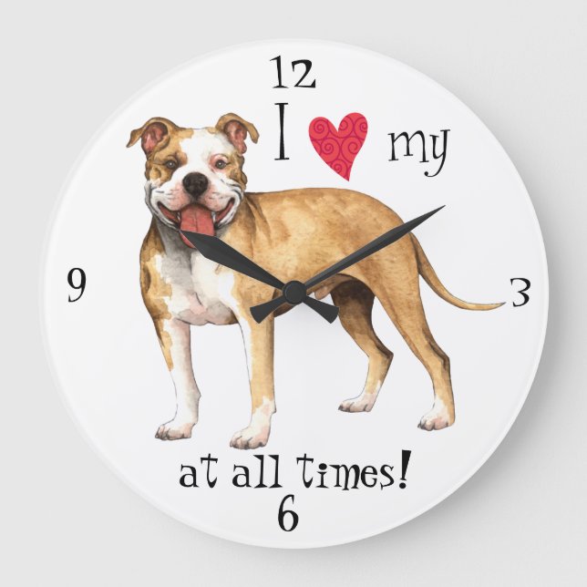 Reloj Redondo Grande Amo mi pitbull Terrier (Anverso)