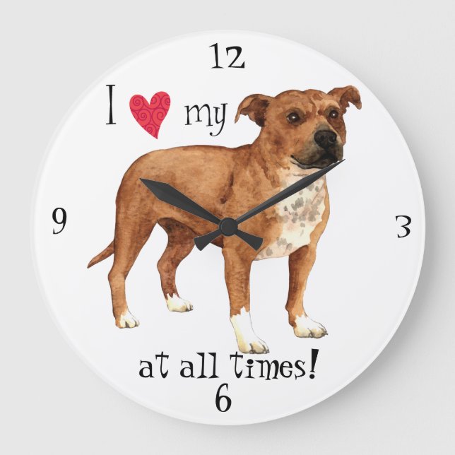 Reloj Redondo Grande Amo mi Staffordshire bull terrier (Anverso)