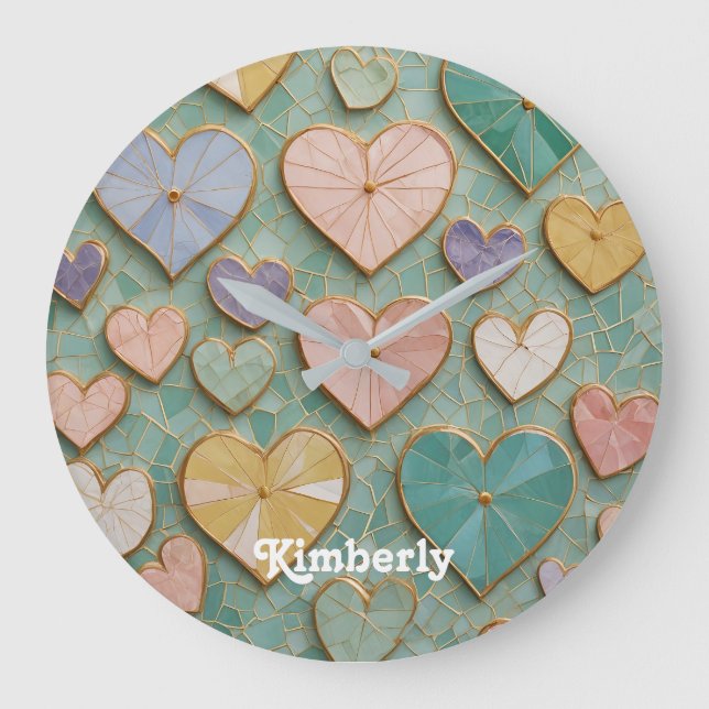 Reloj Redondo Grande Amor Mosaico: Corazones Pastel (Anverso)