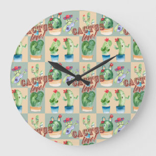 Reloj Redondo Grande amor por cactus - patrón de acuarela