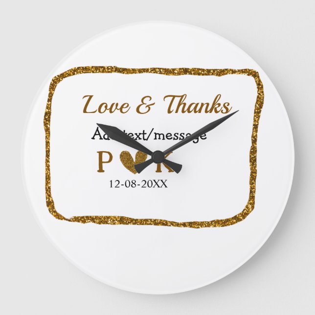 Reloj Redondo Grande Amor y gracias añaden nombre de pareja dorado boda (Anverso)