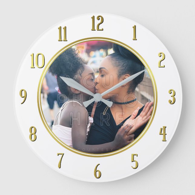 Reloj Redondo Grande Añadir tu foto personalizada | Elegante blanco dor (Anverso)