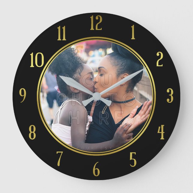 Reloj Redondo Grande Añadir tu foto personalizada | Elegante negro dora (Anverso)