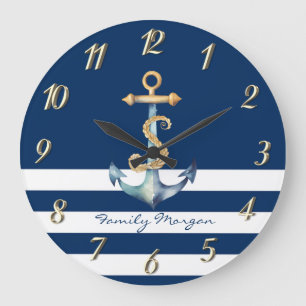 Reloj Redondo Grande Ancla de acuarela con rayas azules marino