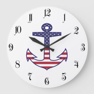 Reloj Redondo Grande Ancla de Bandera Patriótica Americana Nautical