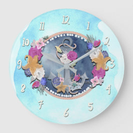 Reloj Redondo Grande Ancla Floral Náutica Moderna Acuarela Azul