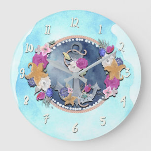 Reloj Redondo Grande Ancla Floral Náutica Moderna Acuarela Azul