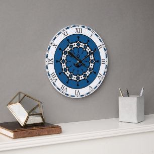 Reloj Redondo Grande Ancla Náutica Abstracta Azul y Blanco