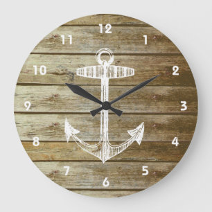 Reloj Redondo Grande Ancla náutica en gráfico de madera