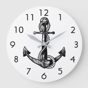 Reloj Redondo Grande Ancla Náutica Negro y blanco
