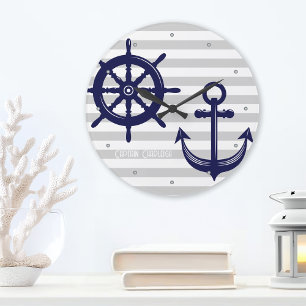 Reloj Redondo Grande Ancla personalizada y rueda de timón de barco náut