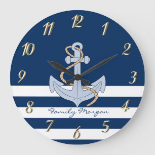 Reloj Redondo Grande Ancla Rayada Azul Marino