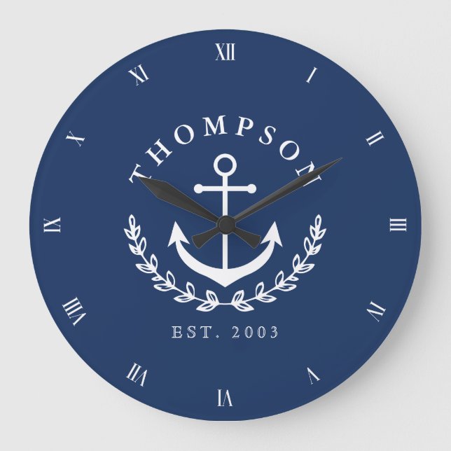 Reloj Redondo Grande Anclaje blanco de la marina Wreath Nautical Name & (Anverso)