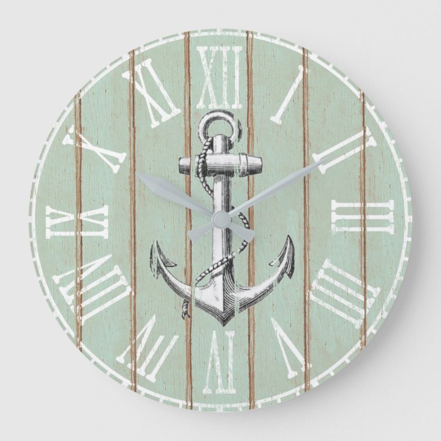 Reloj Redondo Grande Anclaje rústico de madera de época náutico (Anverso)