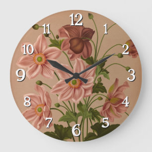 Reloj Redondo Grande Anemone Japonica Rosea Exquisito Vintage Botánico