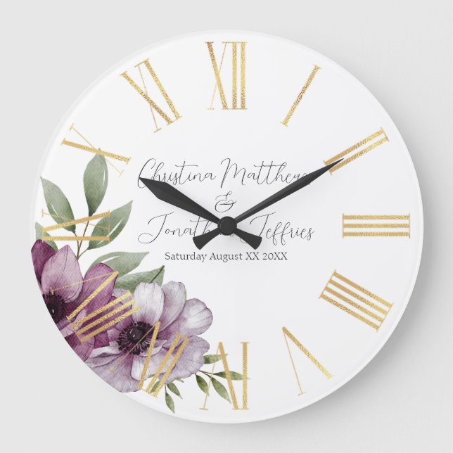 Reloj Redondo Grande Anémones de acuarela romántica (Anverso)