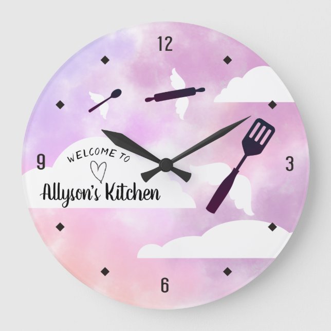 Reloj Redondo Grande Ángel cielo volando utensilios alas cocina (Anverso)