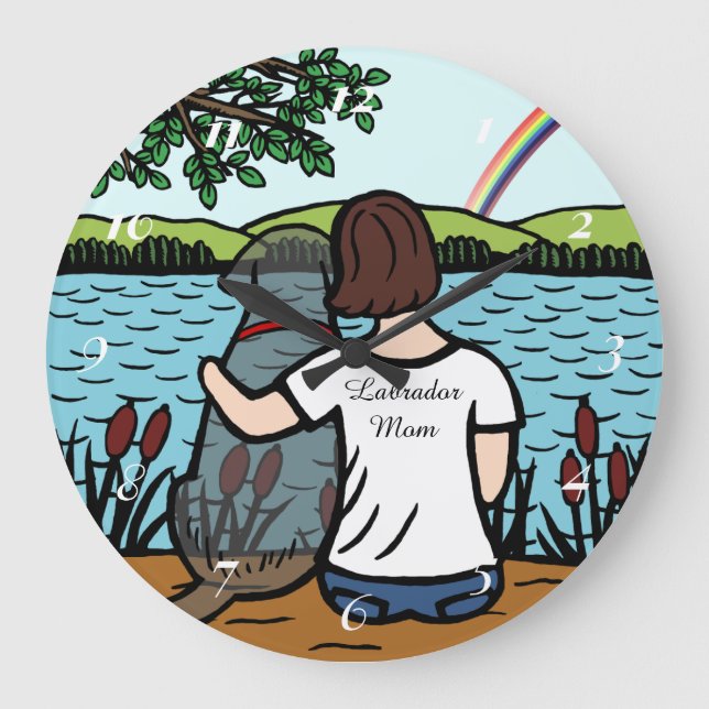 Reloj Redondo Grande Ángel del labrador negro y mamá (Anverso)