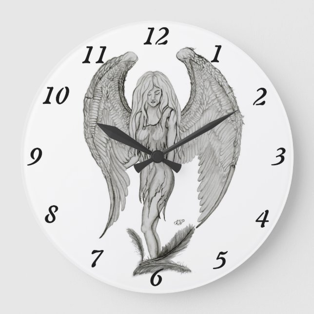 Reloj Redondo Grande Ángel , Lápiz Art , diseño en blanco y negro (Anverso)