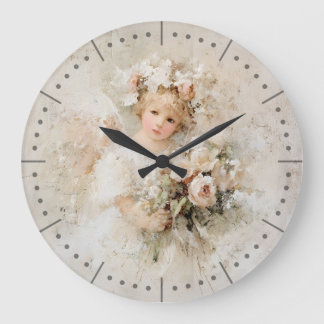 Reloj Redondo Grande Ángel Shabby Chic con rosas sonrosadas románticas
