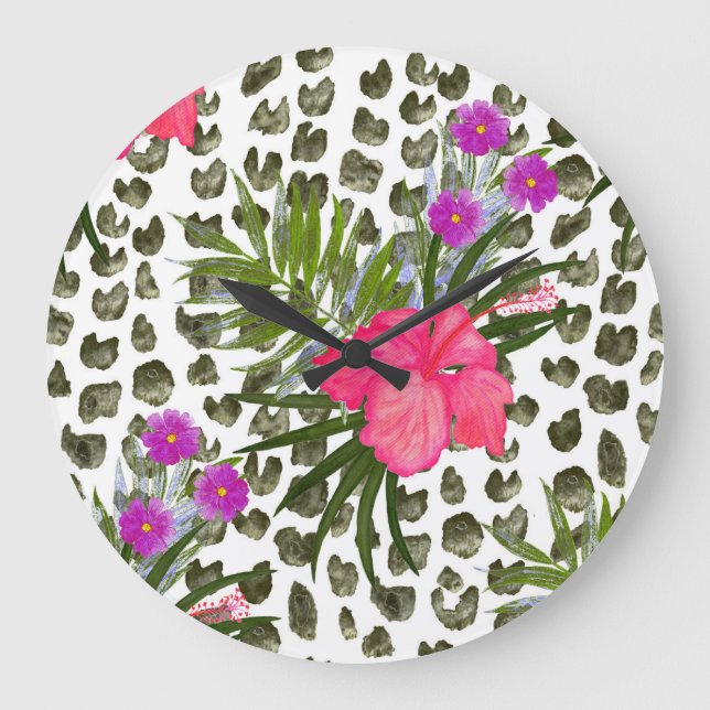 Reloj Redondo Grande Animal Hibiscus: Patrón acuarela sin foco. (Anverso)