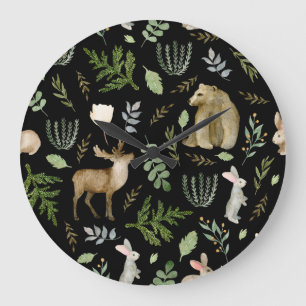 Reloj Redondo Grande Animales Curados: Mano de acuarela dibujada.