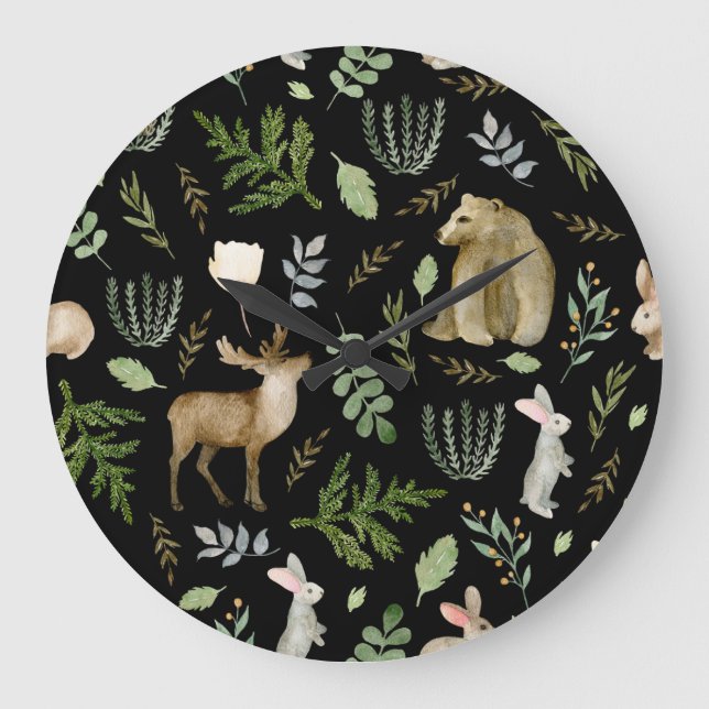 Reloj Redondo Grande Animales Curados: Mano de acuarela dibujada. (Anverso)