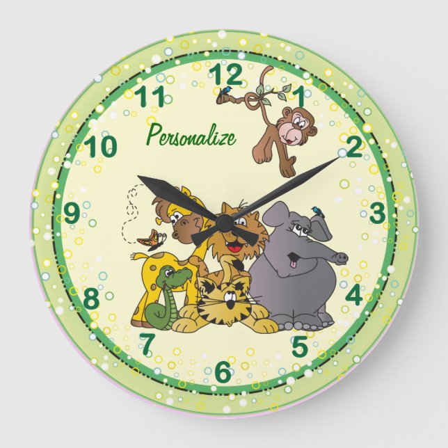 Reloj Redondo Grande Animales de bebes de la jungla de Safari (Anverso)