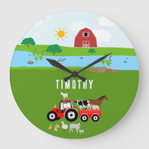 Reloj Redondo Grande Animales de granja y patio de Red Tractor con nomb